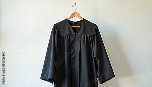 Classic black graduation gown on wooden hanger against white wall with copy space