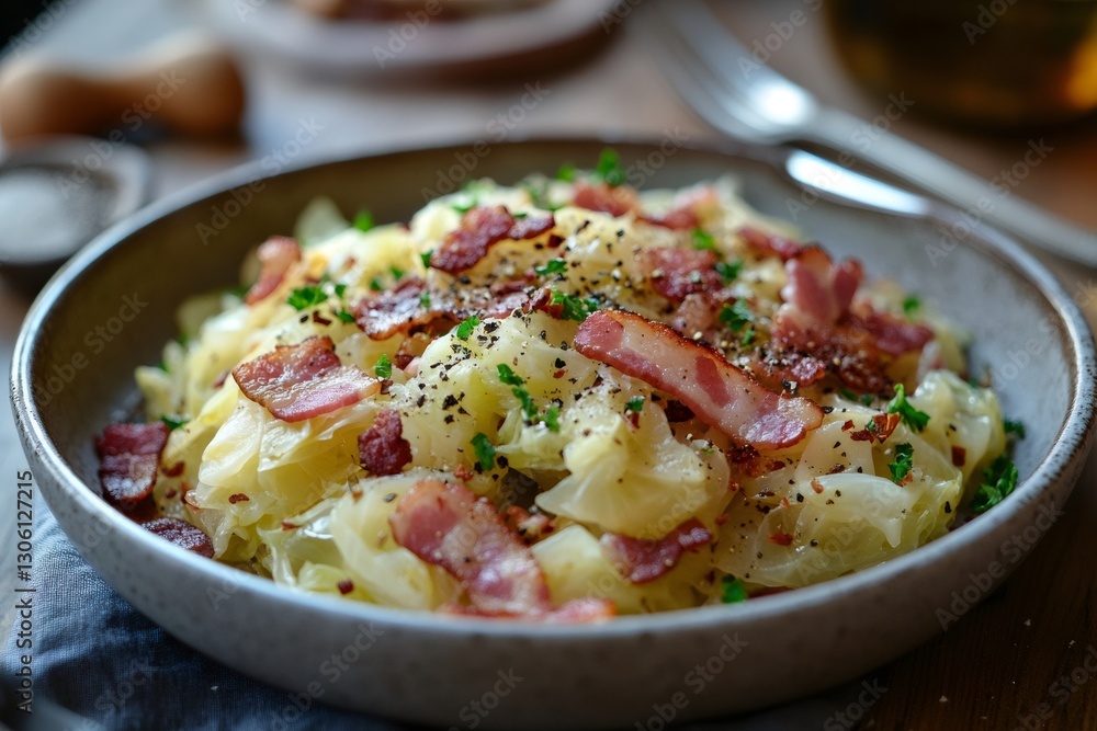 Fried cabbage with bacon and spices served on a plate Fried cabbage with bacon and spices served on a plate