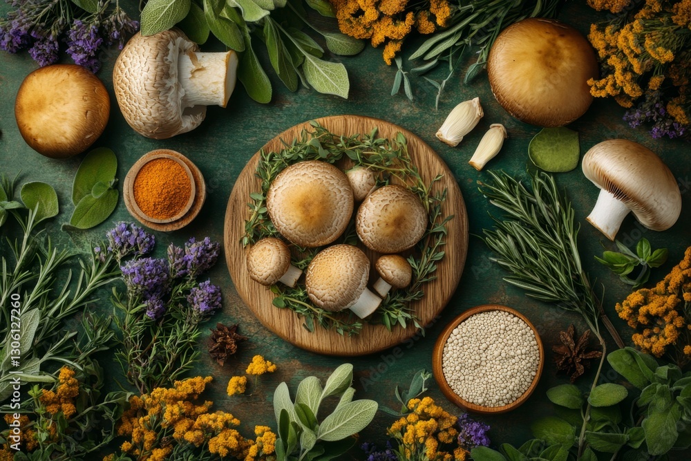 A vibrant still life of mushrooms, herbs, and spices arranged on a rustic table, with warm lighting highlighting their textures A vibrant still life of mushrooms, herbs, and spices arranged on a rustic table, with warm lighting highlighting their textures