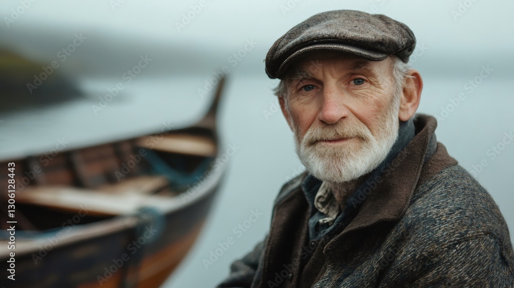 Fototapeta premium Portrait of senior fisherman wearing flat cap standing near his boat