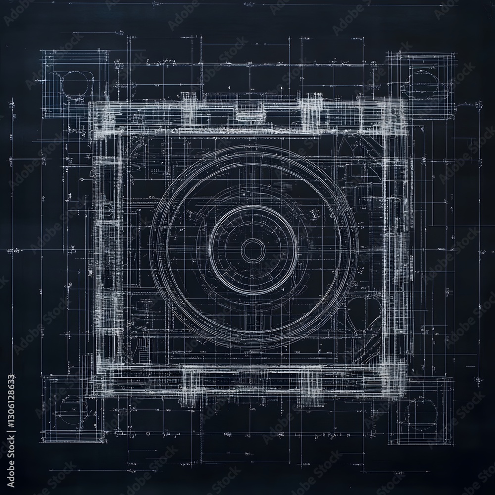 Detailed Technical Blueprint Diagram on Black Background Detailed Technical Blueprint Diagram on Black Background