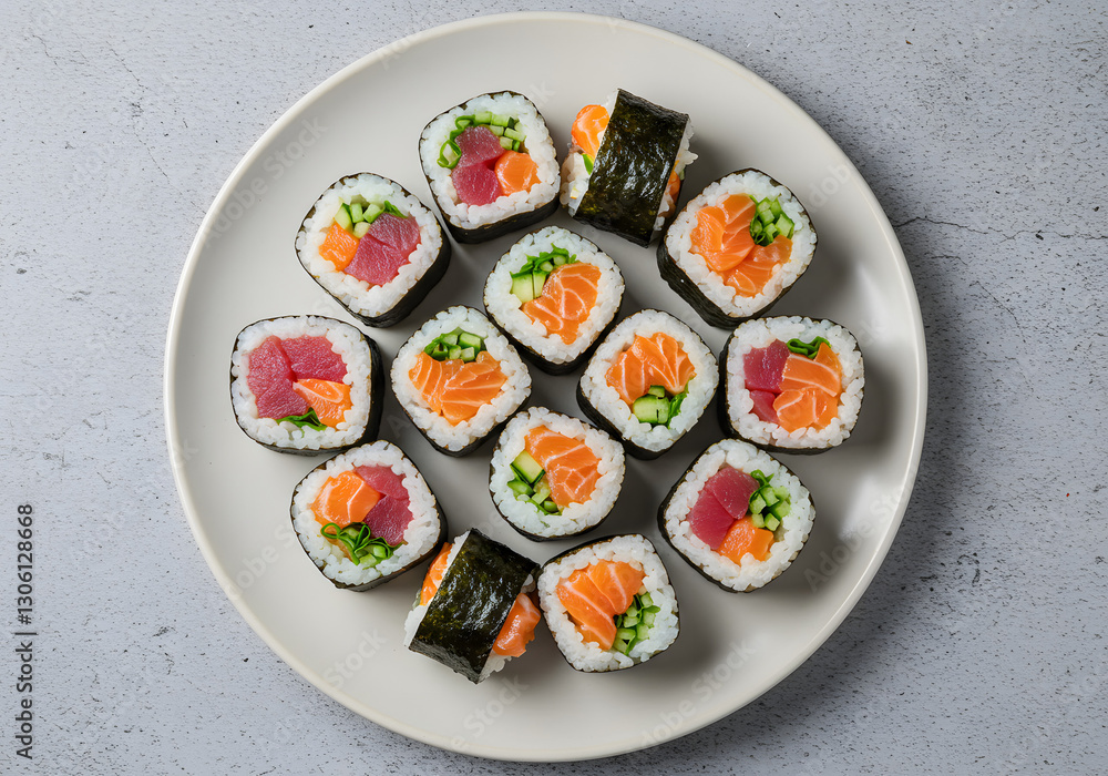 A plate of sushi rolls with various fillings, representing exotic Japanese cuisine. A plate of sushi rolls with various fillings, representing exotic Japanese cuisine.