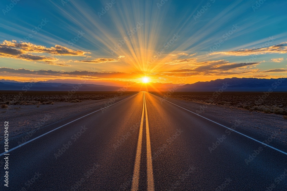 Naklejka premium A road leading into the distance with an epic sunset in the background. The sky is blue and orange, with clouds that resemble rays of light shining down to create beautiful patterns.