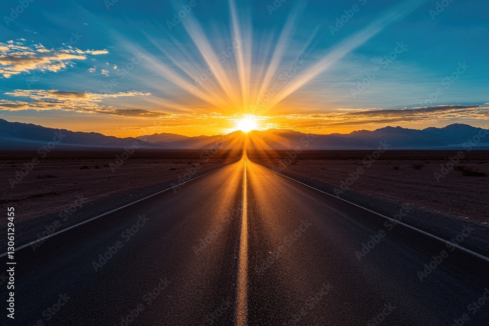 Naklejka premium A road leading into the distance with an epic sunset in the background. The sky is blue and orange, with clouds that resemble rays of light shining down to create beautiful patterns.