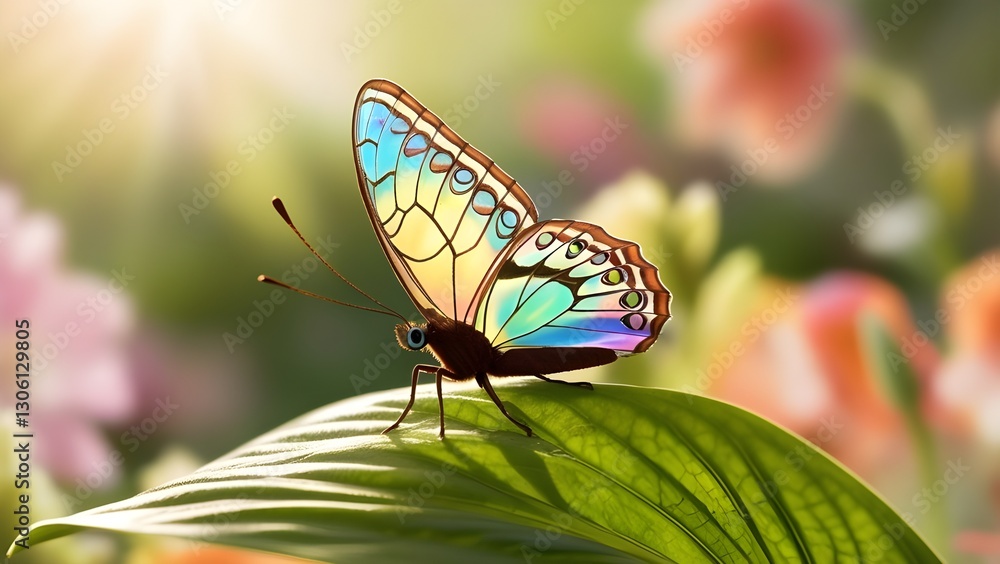 Fototapeta premium A delicate, intricately patterned butterfly with iridescent wings showcasing a mesmerizing dance of blues, greens, and yellows against a soft, creamy white background, its slender body and feathery an