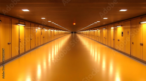 Realistic 3D Render Of A Yellow Hallway Tunnel With Bright Lights and