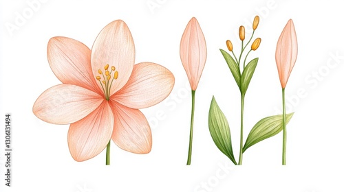 Delicate Pink Flower Illustration with Buds and Leaves on White Background for Nature and Botanical Design Projects