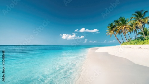 A serene beach scene with white sand  turquoise water  and palm trees in the background. The sky is a clear blue with one small cloud above the horizon line.
