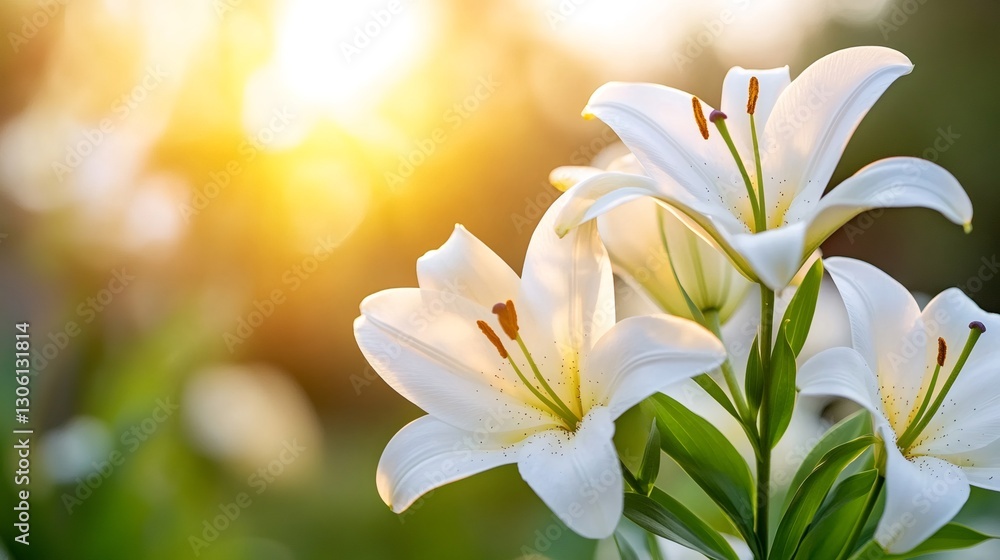 Fototapeta premium White lilies blooming in a garden during golden hour sunset