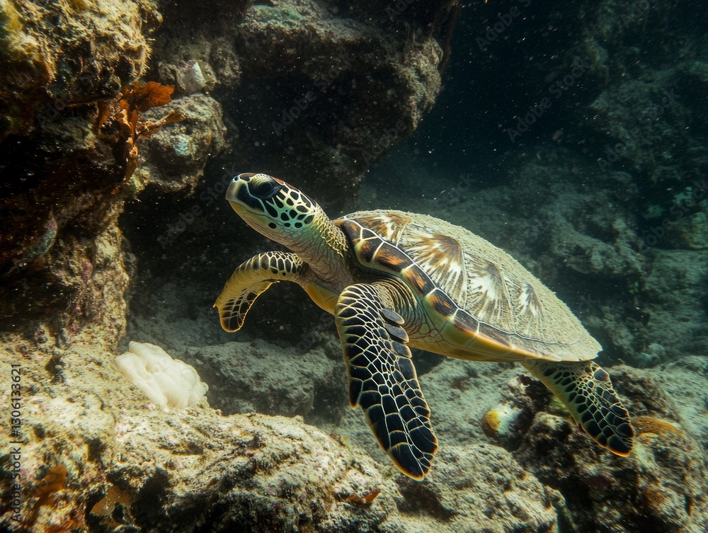 Fototapeta premium Green sea turtle swimming underwater - ai
