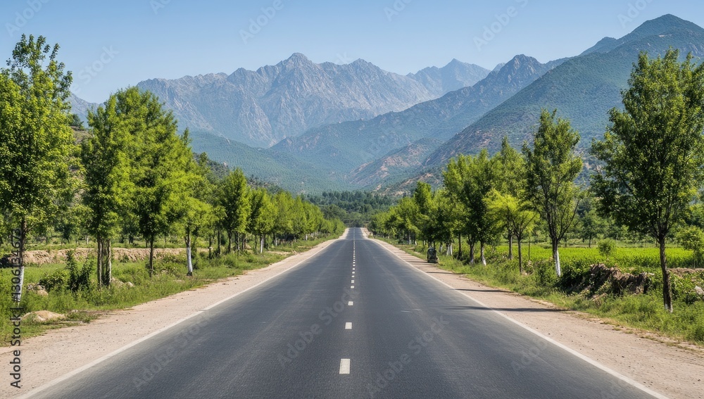 Fototapeta premium A straight road leads to the mountains, lined with green trees on both sides. The asphalt surface is smooth and clean, with white lines indicating the flow of traffic.