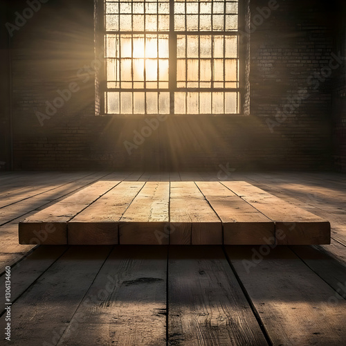 Realistic Photo Of Wooden Platform In Old Room With Sunlight Through