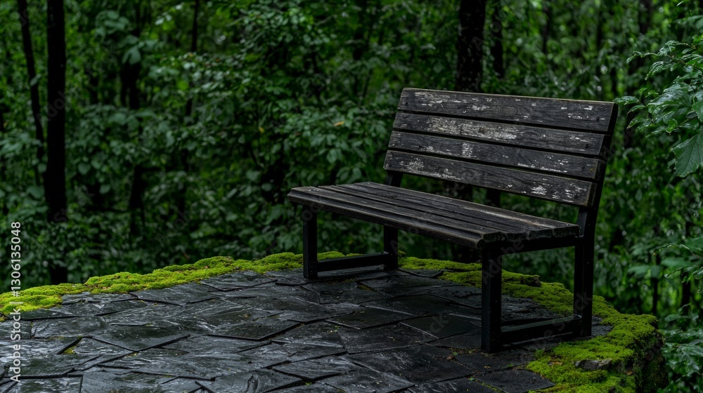 Serene Forest Bench Tranquil Nature Escape Mossy Stone Wooden Seat Serene Forest Bench Tranquil Nature Escape Mossy Stone Wooden Seat