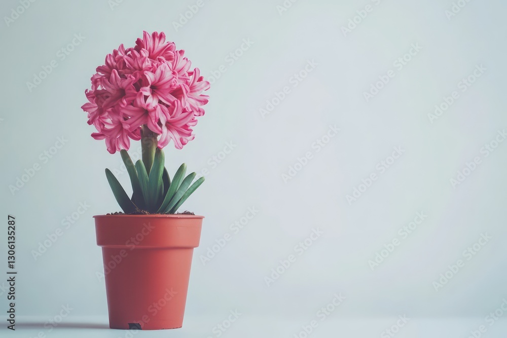 Fototapeta premium A vibrant close-up of a pink hyacinth in a pot, isolated on a white background, highlighting the rich colors of the flowers and the simplicity of the pot.
