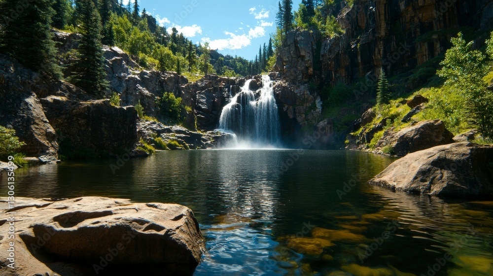 Fototapeta premium Hiker enjoys serenity at a scenic waterfall tranquil nature retreat outdoor adventure forest landscape