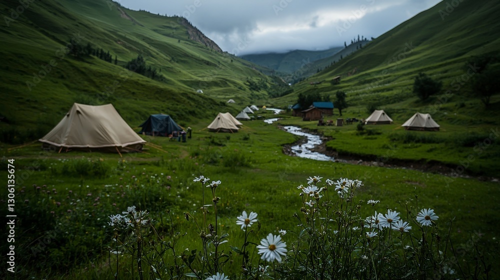 Serene camping experience amidst lush valleys tranquil stream natural landscape photography peaceful environment Serene camping experience amidst lush valleys tranquil stream natural landscape photography peaceful environment