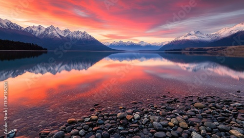 A stunning landscape photograph of the mountains and lake in New Zealand, reflecting the red sky at sunset.