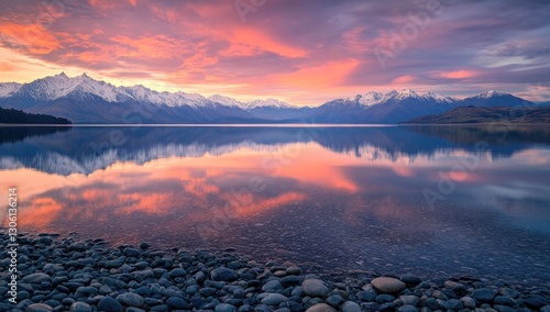 A stunning landscape photograph of the mountains and lake in New Zealand, reflecting the red sky at sunset.