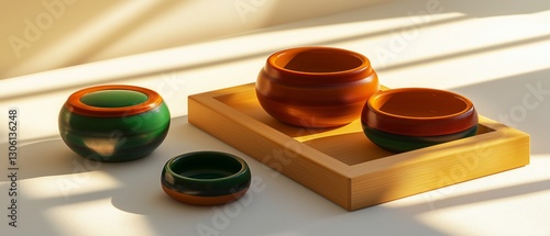 Lacquerware Bowls And Wooden Tray Still Life