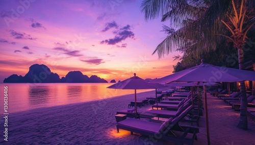 A stunning sunset over the beach at an elegant resort in Thailand, with loungers and umbrellas set up along its length.