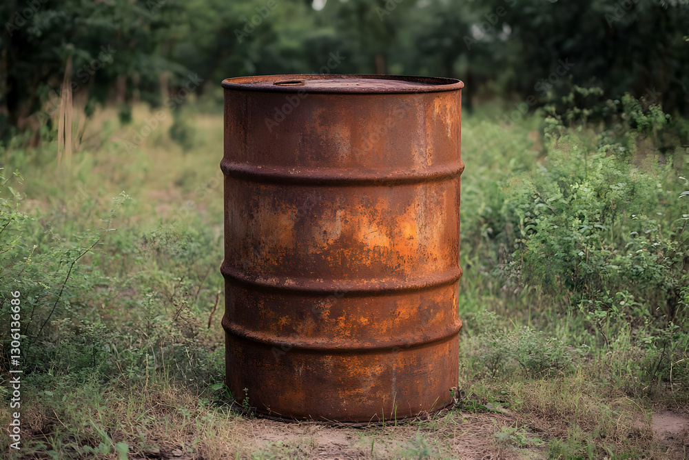 Rusty Metal Barrel Illustration on Green Field Outdoor Environment Rusty Metal Barrel Illustration on Green Field Outdoor Environment