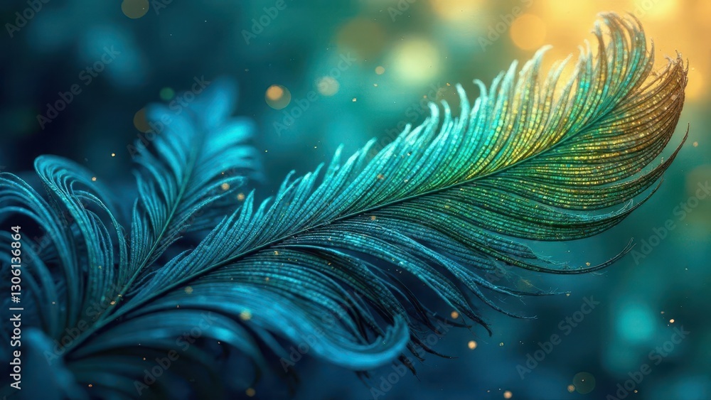 Fototapeta premium A Single, Teal-Green Feather with Golden Sparkle, Gently Floating in an Ethereal, Soft-Focus Background