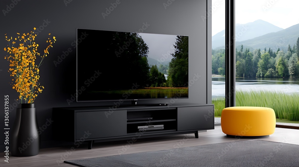 Fototapeta premium Modern Black TV Unit with Sliding Doors and Yellow Ottoman in Minimalist Living Room
