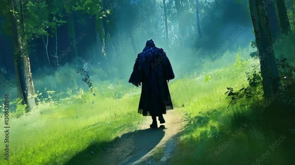 Mysterious figure walks through a foggy forest path surrounded by vibrant greenery during early morning light Mysterious figure walks through a foggy forest path surrounded by vibrant greenery during early morning light