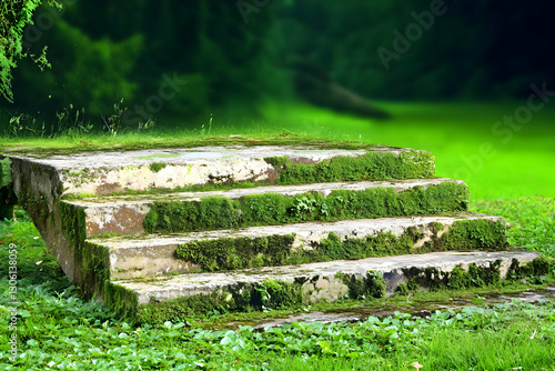 Obraz na płótnie Stone Stairway Covered In Green Moss In A Lush Garden Photo w salonie