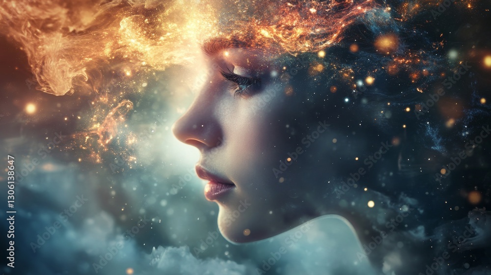 Abstract portrait of a woman surrounded by vibrant cosmic elements, representing dreams, emotions, and the connection between the physical and spiritual world. Abstract portrait of a woman surrounded by vibrant cosmic elements, representing dreams, emotions, and the connection between the physical and spiritual world.
