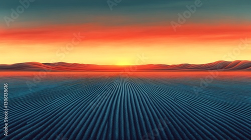 Vibrant sunset paints fiery sky above serene desert landscape lines converging towards horizon. AI Generated