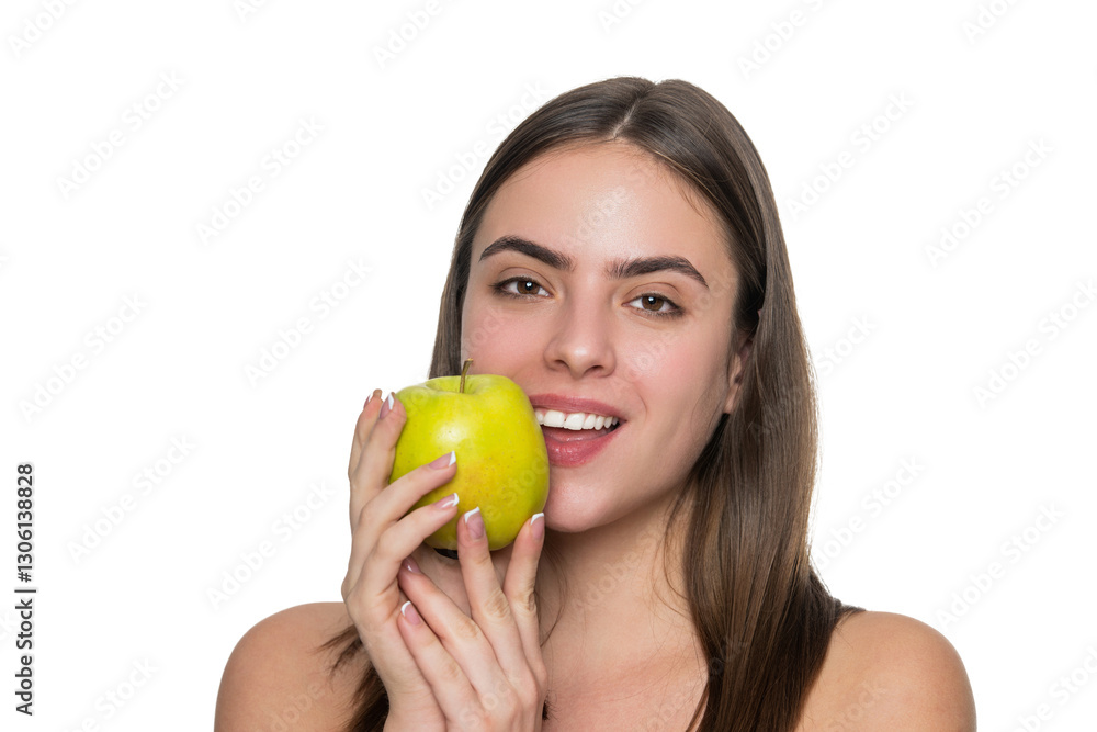 Young woman dieting. Apple detox. Healthy lifestyle diet. Caucasian woman biting fresh apple isolated white. Healthy food vitamin. Natural organic products. Skincare and diet. Natural Vitamin Sources Young woman dieting. Apple detox. Healthy lifestyle diet. Caucasian woman biting fresh apple isolated white. Healthy food vitamin. Natural organic products. Skincare and diet. Natural Vitamin Sources