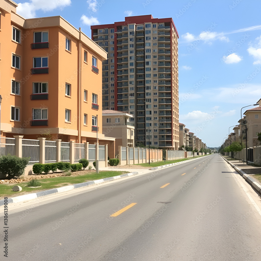 Empty road in front of residential structures against sky Empty road in front of residential structures against sky