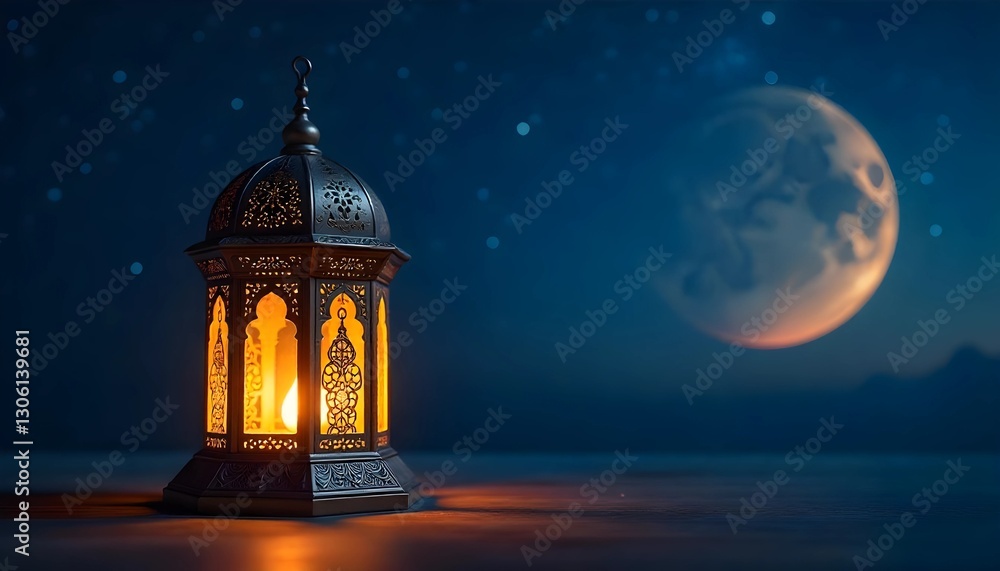 Intricate Arabic lantern glowing warmly, crescent moon in background, starry night sky, wooden surface, Ramadan ambiance, peaceful atmosphere. Intricate Arabic lantern glowing warmly, crescent moon in background, starry night sky, wooden surface, Ramadan ambiance, peaceful atmosphere.