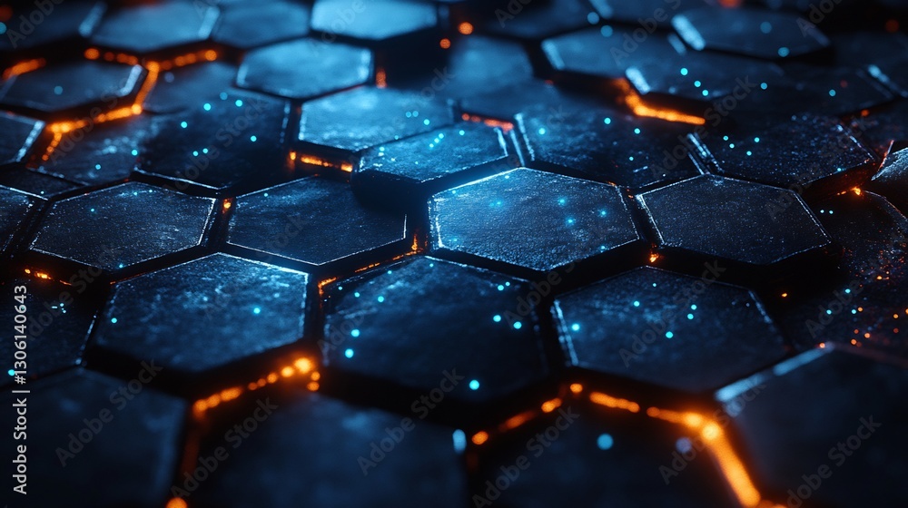 Obraz premium Abstract Hexagon Pattern Glows Deep Blue Orange Light. AI Generated