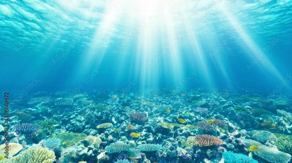 Naklejka premium Underwater Coral Reef Scene Sunbeams Fish Ocean Life