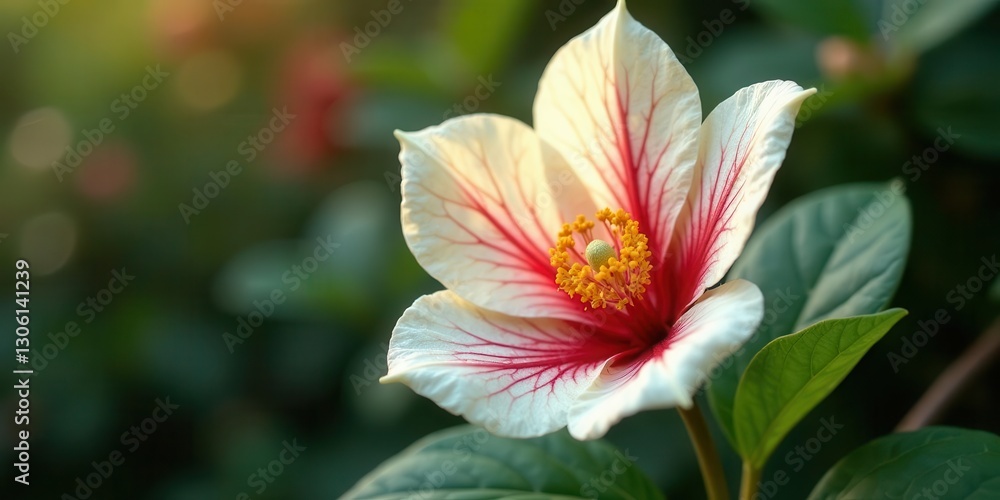 A Delicate Blossom of White and Red Petals with a Golden Center, Gracefully Adorned by Lush Green Foliage A Delicate Blossom of White and Red Petals with a Golden Center, Gracefully Adorned by Lush Green Foliage
