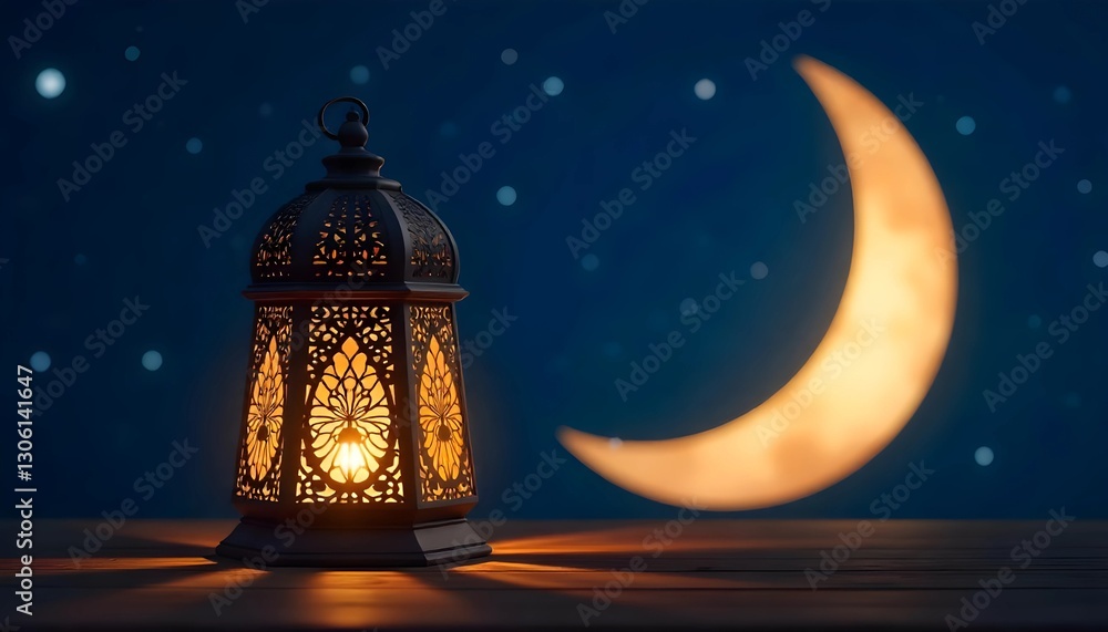 Intricate Arabic lantern glowing warmly, crescent moon in background, starry night sky, wooden surface, Ramadan ambiance, peaceful atmosphere. Intricate Arabic lantern glowing warmly, crescent moon in background, starry night sky, wooden surface, Ramadan ambiance, peaceful atmosphere.