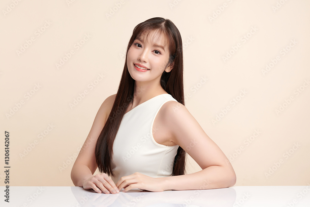 Beautiful young asian woman with clean fresh skin on beige background, Face care, Facial treatment, Cosmetology, beauty and spa, Asian women portrait. Beautiful young asian woman with clean fresh skin on beige background, Face care, Facial treatment, Cosmetology, beauty and spa, Asian women portrait.