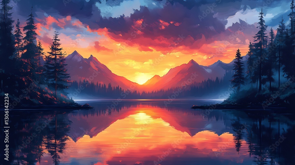 Serene sunset paints vibrant mountains reflecting in calm lake water. AI Generated Serene sunset paints vibrant mountains reflecting in calm lake water. AI Generated