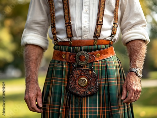 Man wearing kilt with suspenders outdoors