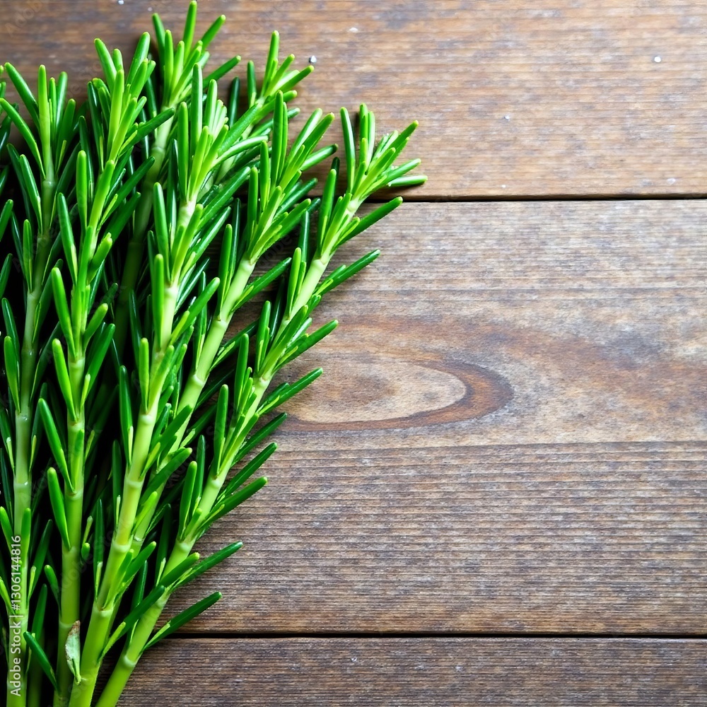 Close-up of fresh rosemary bouquet on rustic wooden background, kitchen, aromatherapy Close-up of fresh rosemary bouquet on rustic wooden background, kitchen, aromatherapy