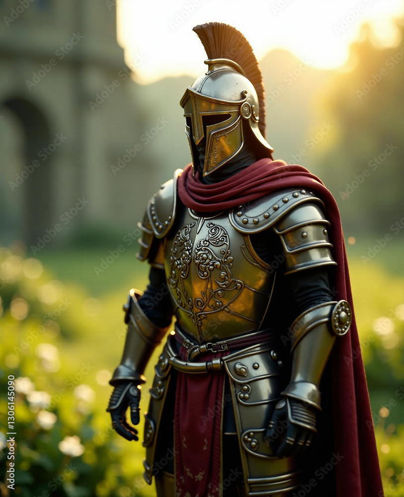 A detailed close-up of intricately designed Roman armor, glistening under soft sunlight, surrounded by historical artifacts and lush greenery. A detailed close-up of intricately designed Roman armor, glistening under soft sunlight, surrounded by historical artifacts and lush greenery.