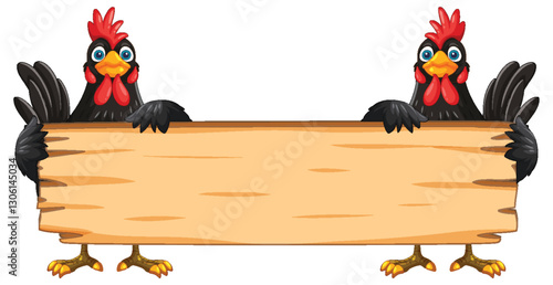 Chickens Holding a Wooden Sign