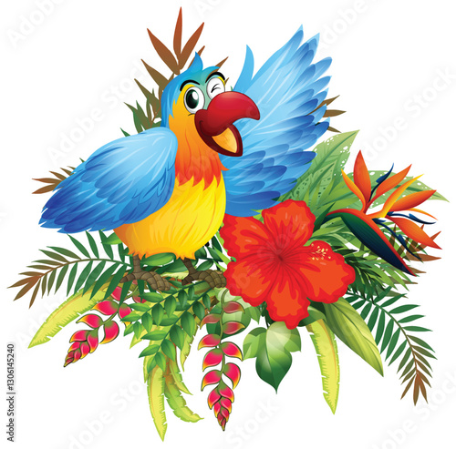 Colorful Bird with Tropical Flower Illustration