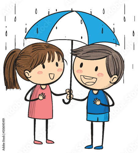 Children Sharing an Umbrella in the Rain