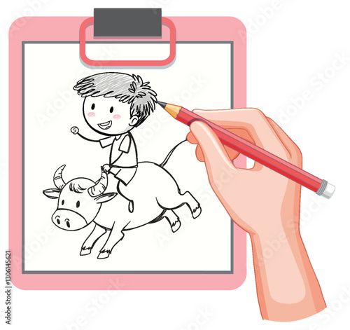 Creative Doodle of Child Riding Bull