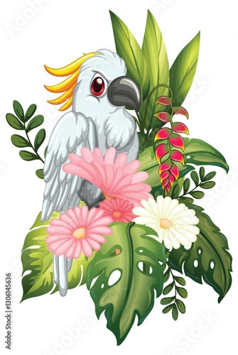 Tropical Bird with Exotic Floral Arrangement