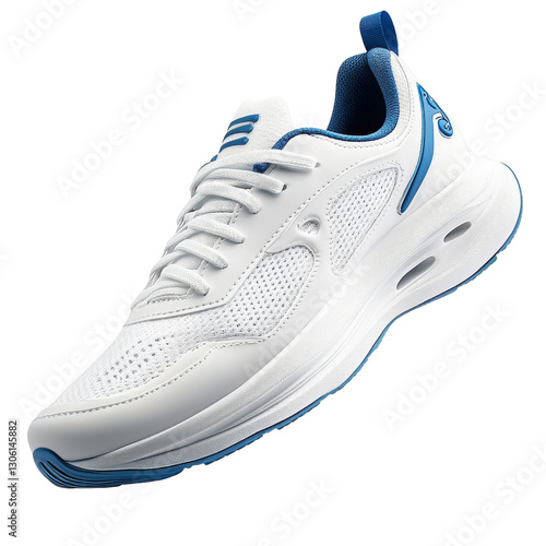 White athletic sneaker with blue accents, featuring breathable mesh upper and cushioned sole for comfort and support during workouts. , png image transparent