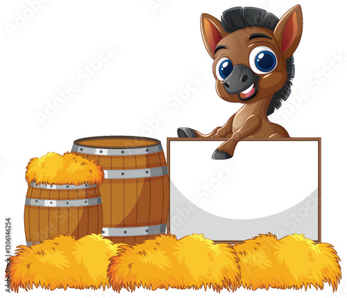 Cute Cartoon Horse with Hay Bales